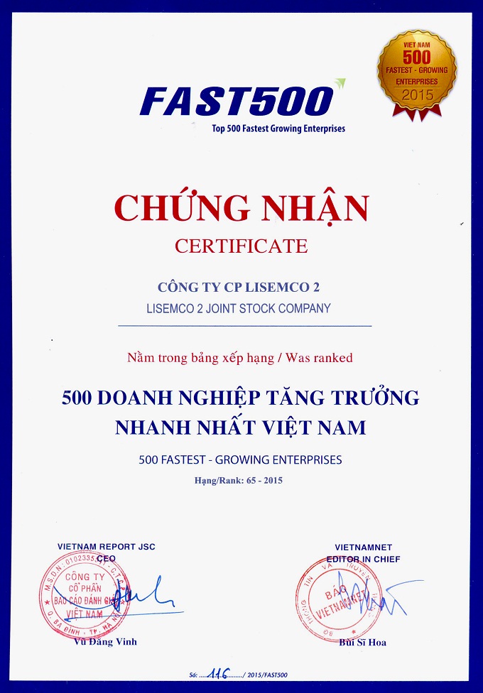 LISEMCO 2 RECEIVING OF CERIFICATE AS ONE OF THE 500 FASTEST ENTERPRISES IN VIETNAM 2015