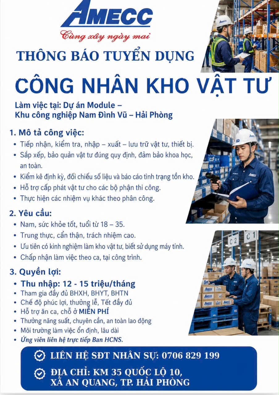 AMECC TUYỂN DỤNG – CÔNG NHÂN KHO VẬT TƯ