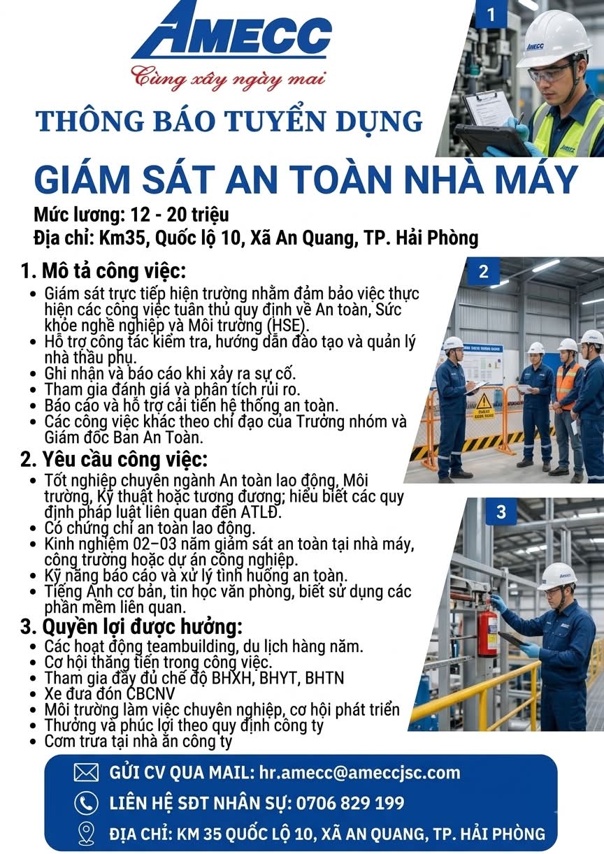 AMECC TUYỂN DỤNG – GIÁM SÁT AN TOÀN NHÀ MÁY