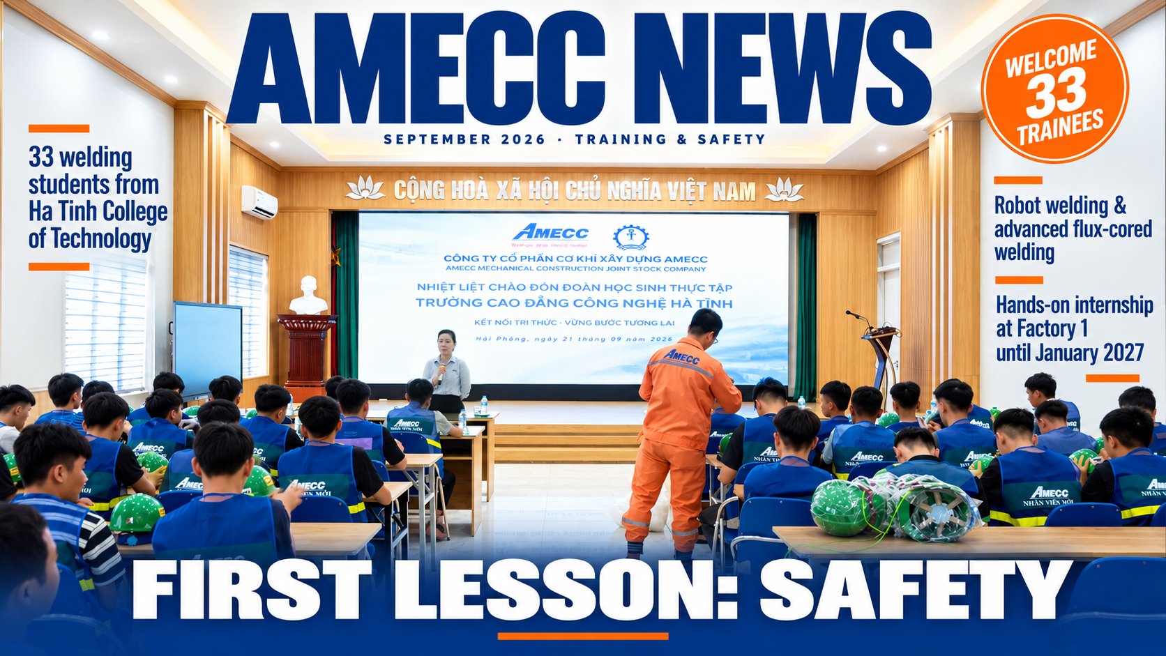 Kết nối tri thức – Vững bước tương lai: AMECC đón 33 sinh viên nghề hàn Hà Tĩnh