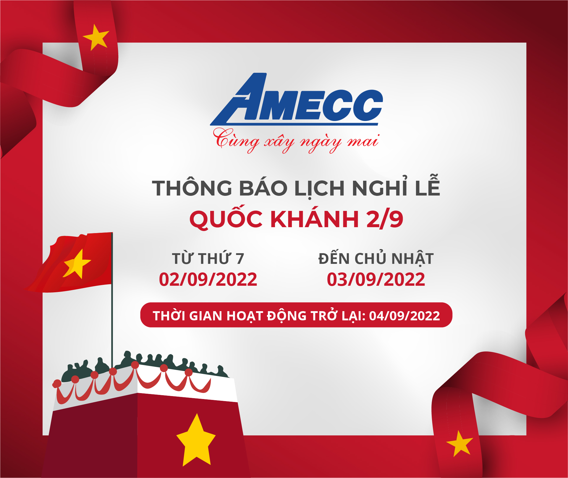 Công ty cổ phần cơ khí xây dựng Amecc thông báo lịch nghỉ lễ Quốc Khánh Việt Nam ngày 2/9/2023