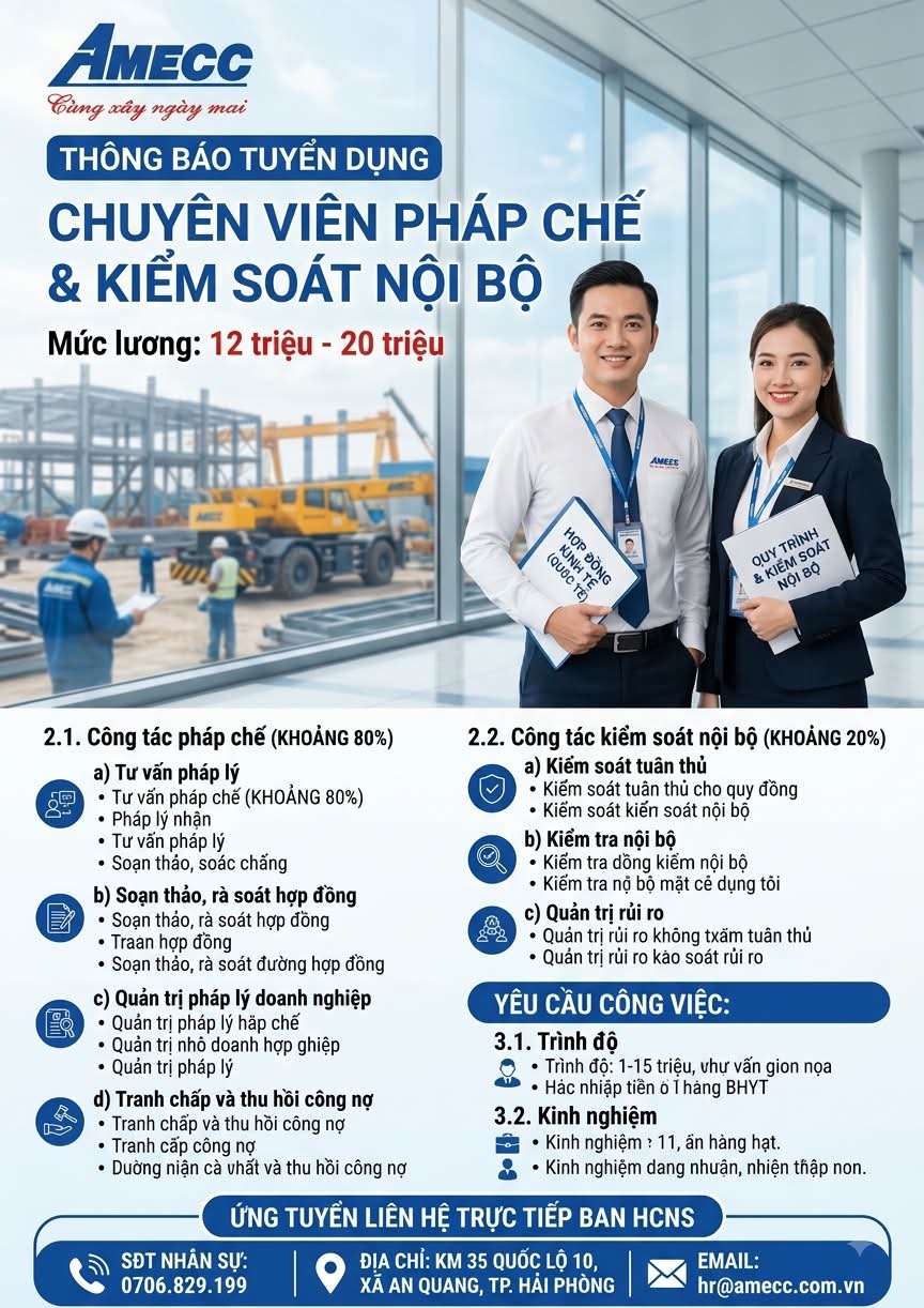 AMECC TUYỂN DỤNG – CHUYÊN VIÊN PHÁP CHẾ & KIỂM SOÁT NỘI BỘ