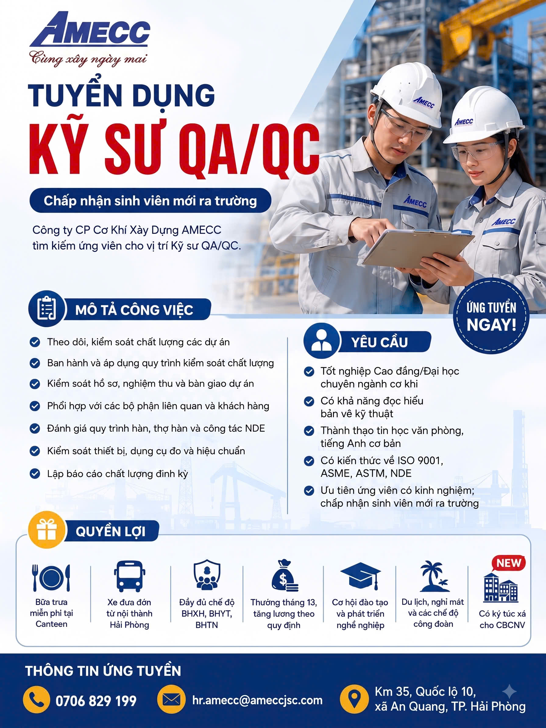 AMECC TUYỂN DỤNG – KỸ SƯ QA/QC (Chấp nhận sinh viên mới ra trường)